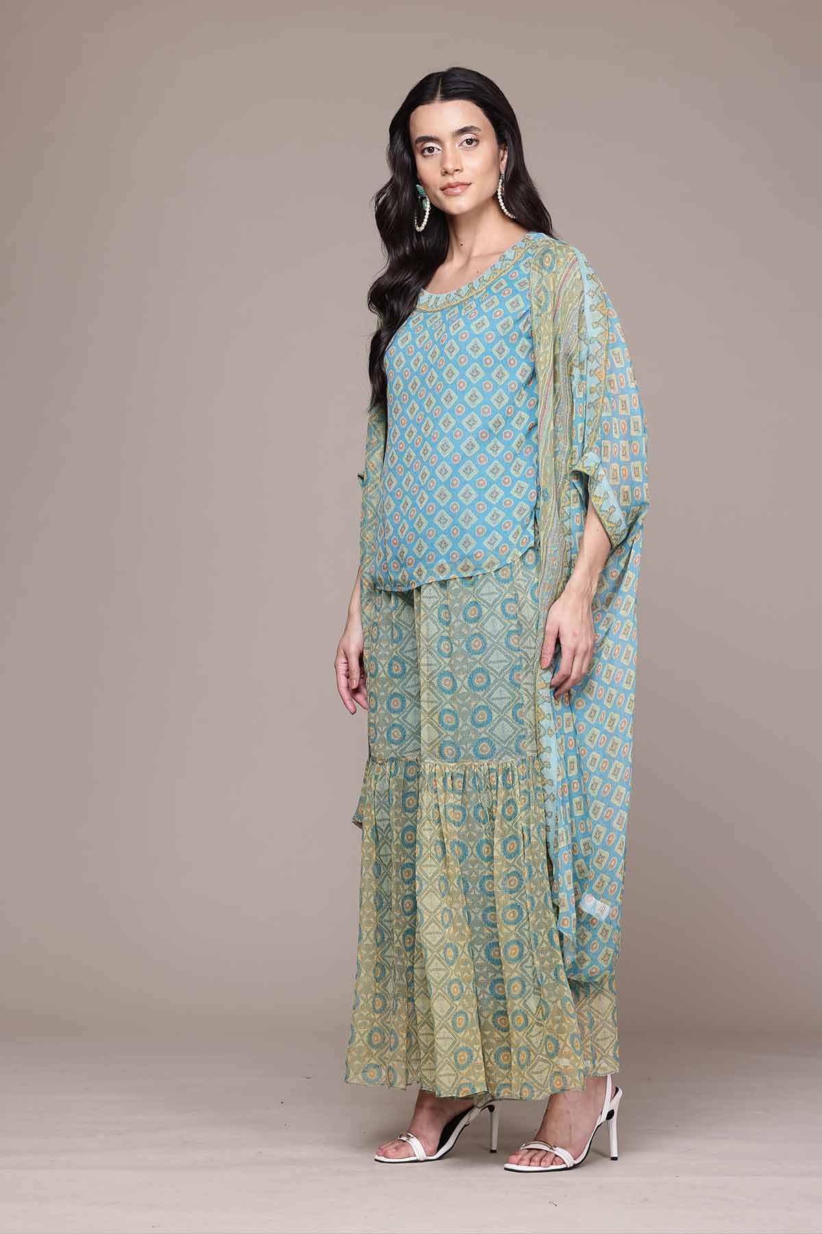Aarke Ritu Kumar Turquoise Khanak Cape And Top With Sharara indian designer wear online shopping melange singapore 

