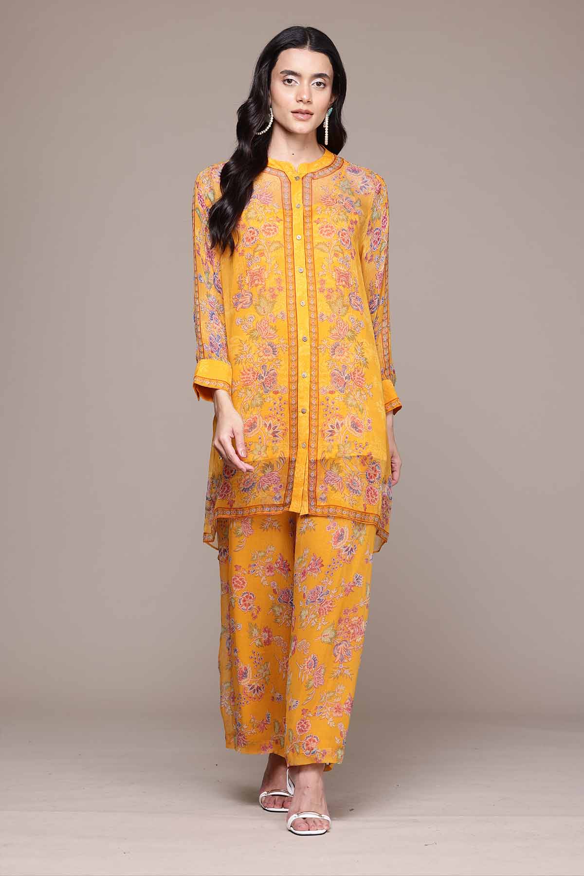 Aarke Ritu Kumar Yellow Aboli Shirt With Palazzo And Camisole indian designer wear online shopping melange singapore 