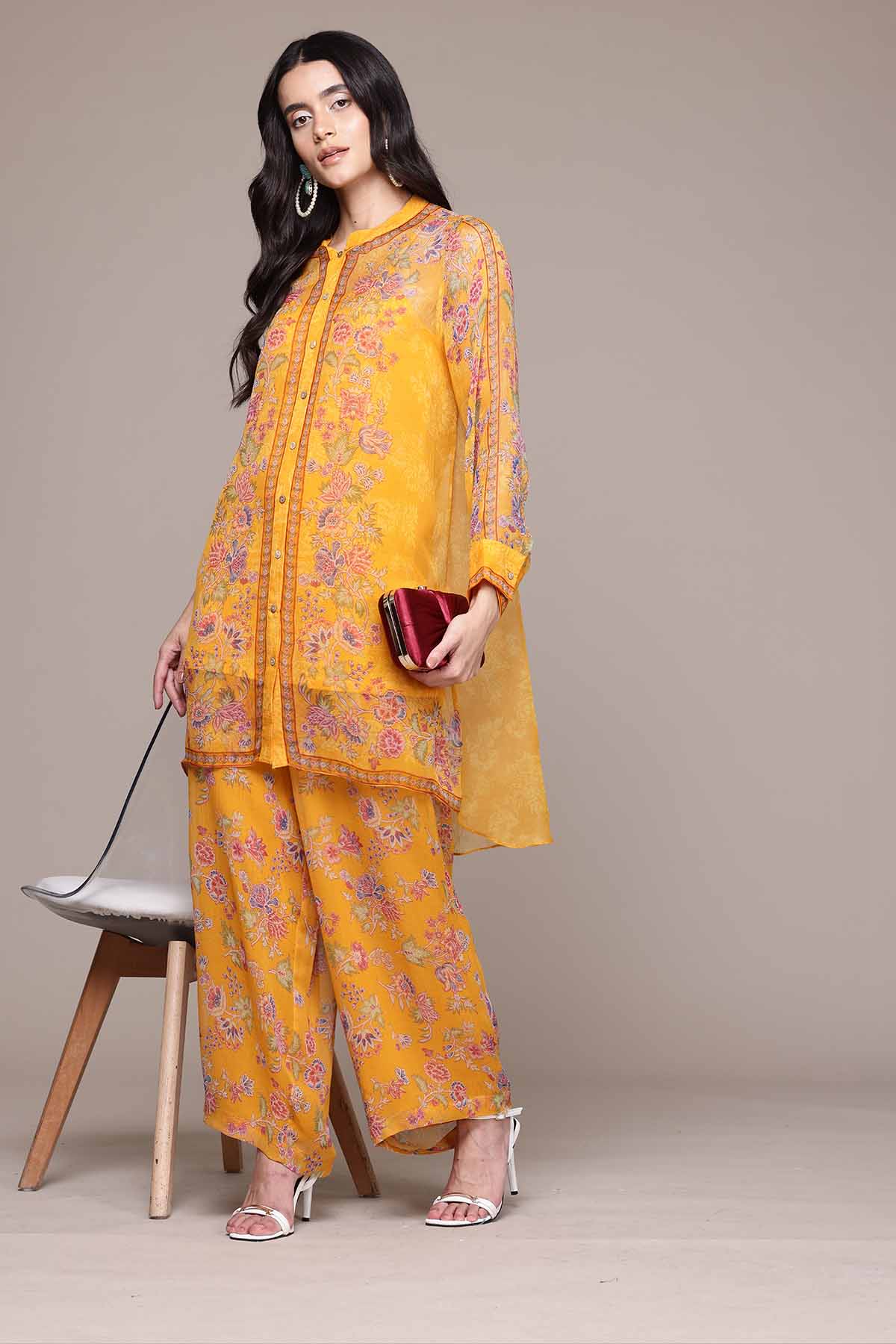 Aarke Ritu Kumar Yellow Aboli Shirt With Palazzo And Camisole indian designer wear online shopping melange singapore 