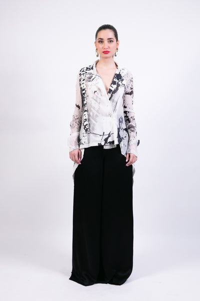 Ak Ok Chiffon Shirt With Black Silk Trouser indian designer wear online shopping melange singapore