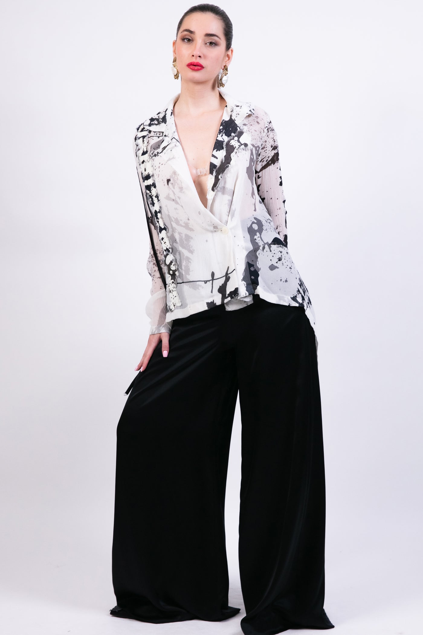 Ak Ok Chiffon Shirt With Black Silk Trouser indian designer wear online shopping melange singapore