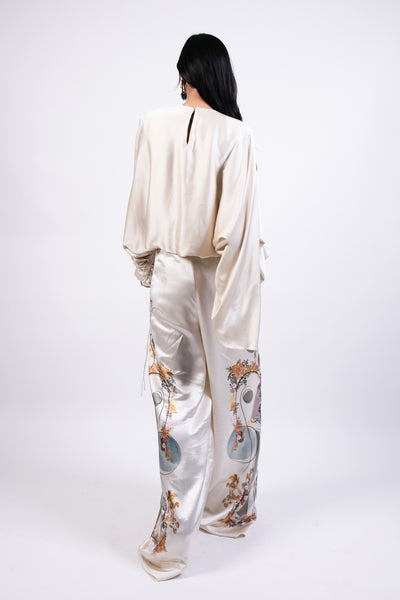 Ak Ok Printed Silk Trouser With Applique Top indian designer wear online shopping melange singapore
