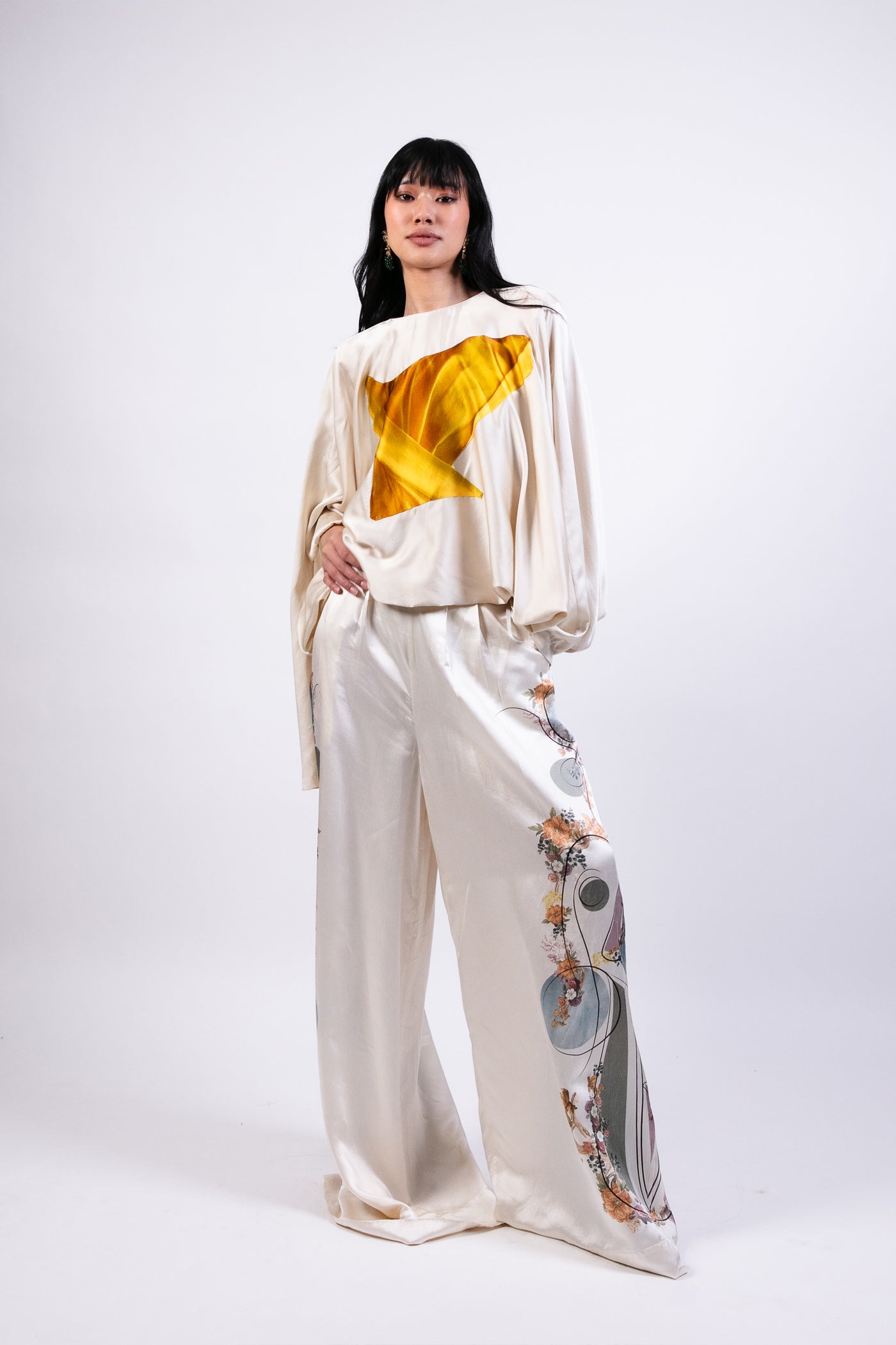 Ak Ok Printed Silk Trouser With Applique Top indian designer wear online shopping melange singapore