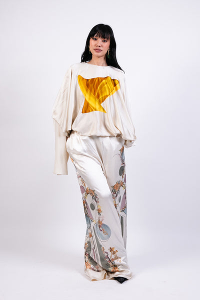 Ak Ok Printed Silk Trouser With Applique Top indian designer wear online shopping melange singapore