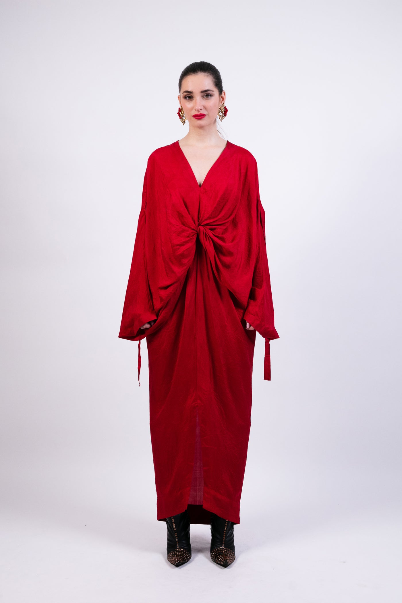 Ak Ok Red Knotted Kaftan With Coin Embroidery indian designer wear online shopping melange singapore