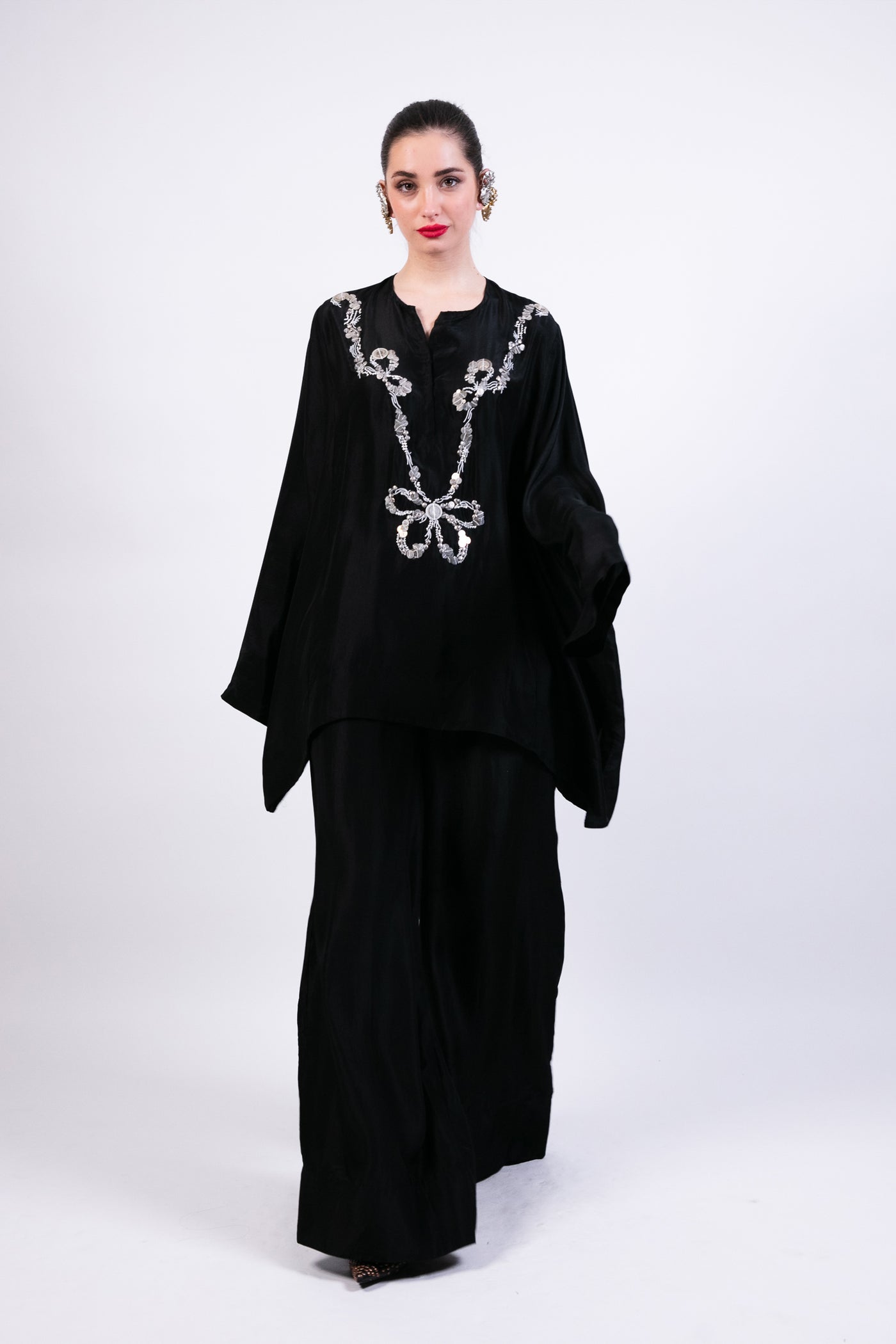 Ak Ok Short Boxy Kurta With Black Flared Pants indian designer wear online shopping melange singapore
