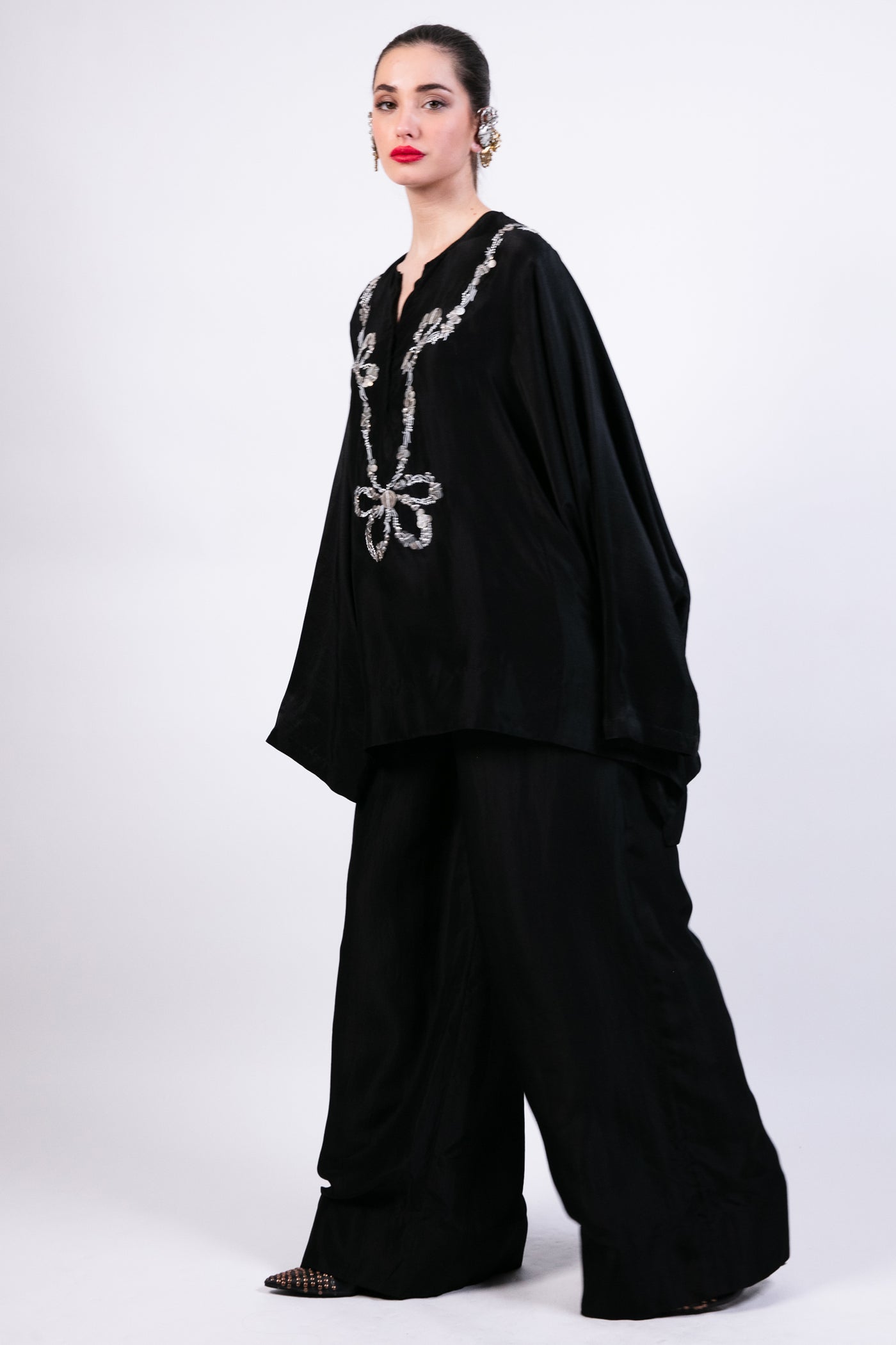Ak Ok Short Boxy Kurta With Black Flared Pants indian designer wear online shopping melange singapore
