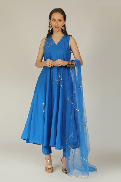 Aneehka Iro Blue Cotton Flare Kurta Pant Set indian designer wear online shopping melange singapore