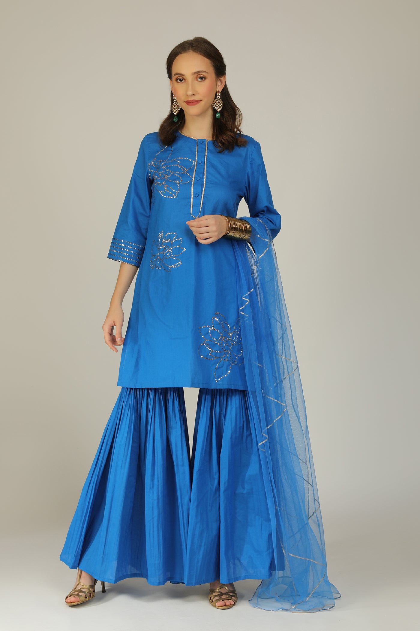 Aneehka Iro Blue Cotton Kurta Sharara Set indian designer wear online shopping melange singapore