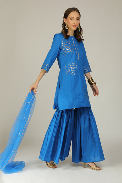 Aneehka Iro Blue Cotton Kurta Sharara Set indian designer wear online shopping melange singapore