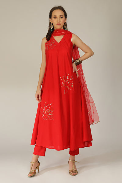Aneehka IroIro Red Cotton Flare Kurta Pant Set tindian designer wear online shopping melange singapore