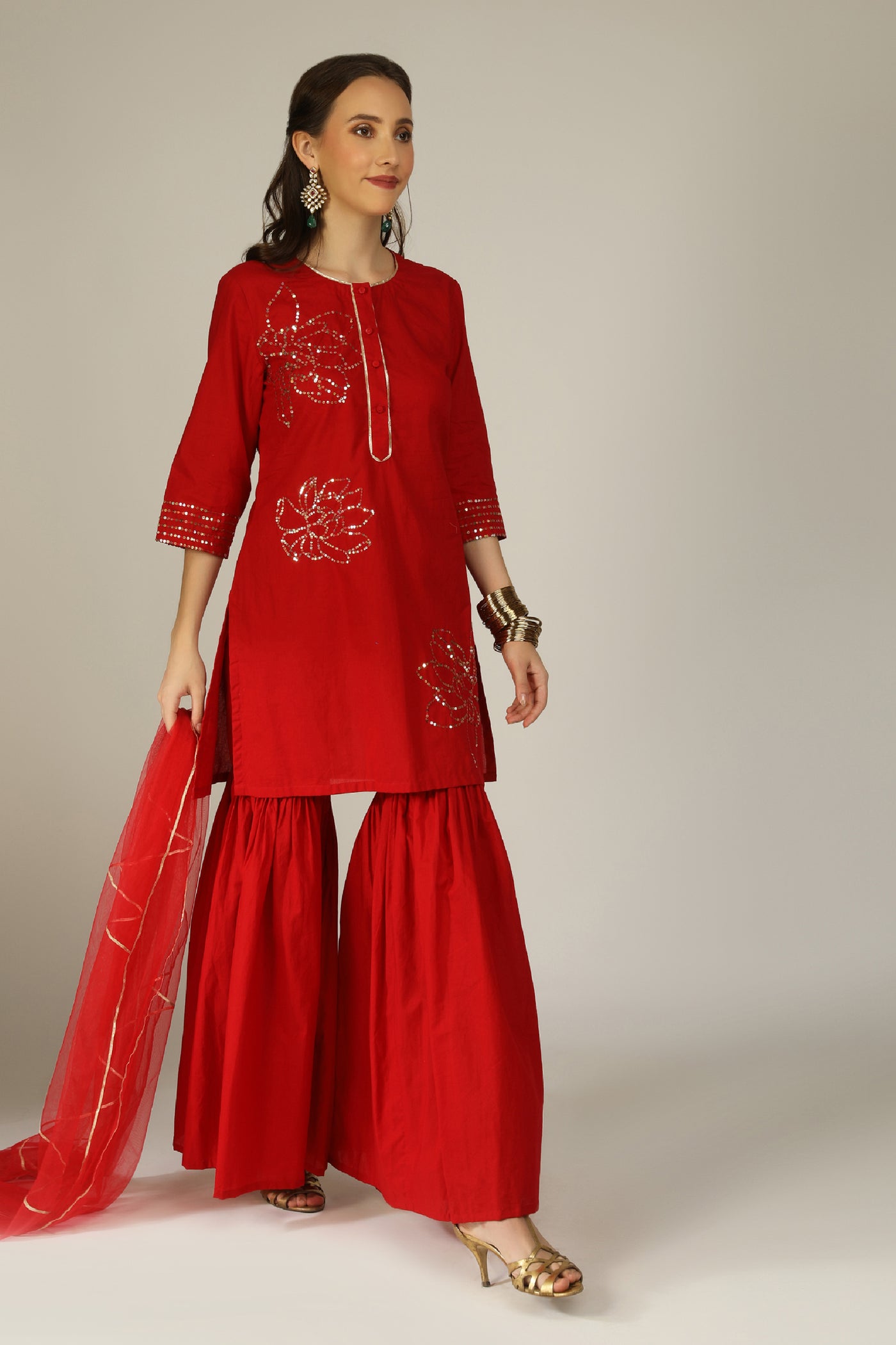 Aneehka Iro Red Cotton Kurta Sharara Set indian designer wear online shopping melange singapore