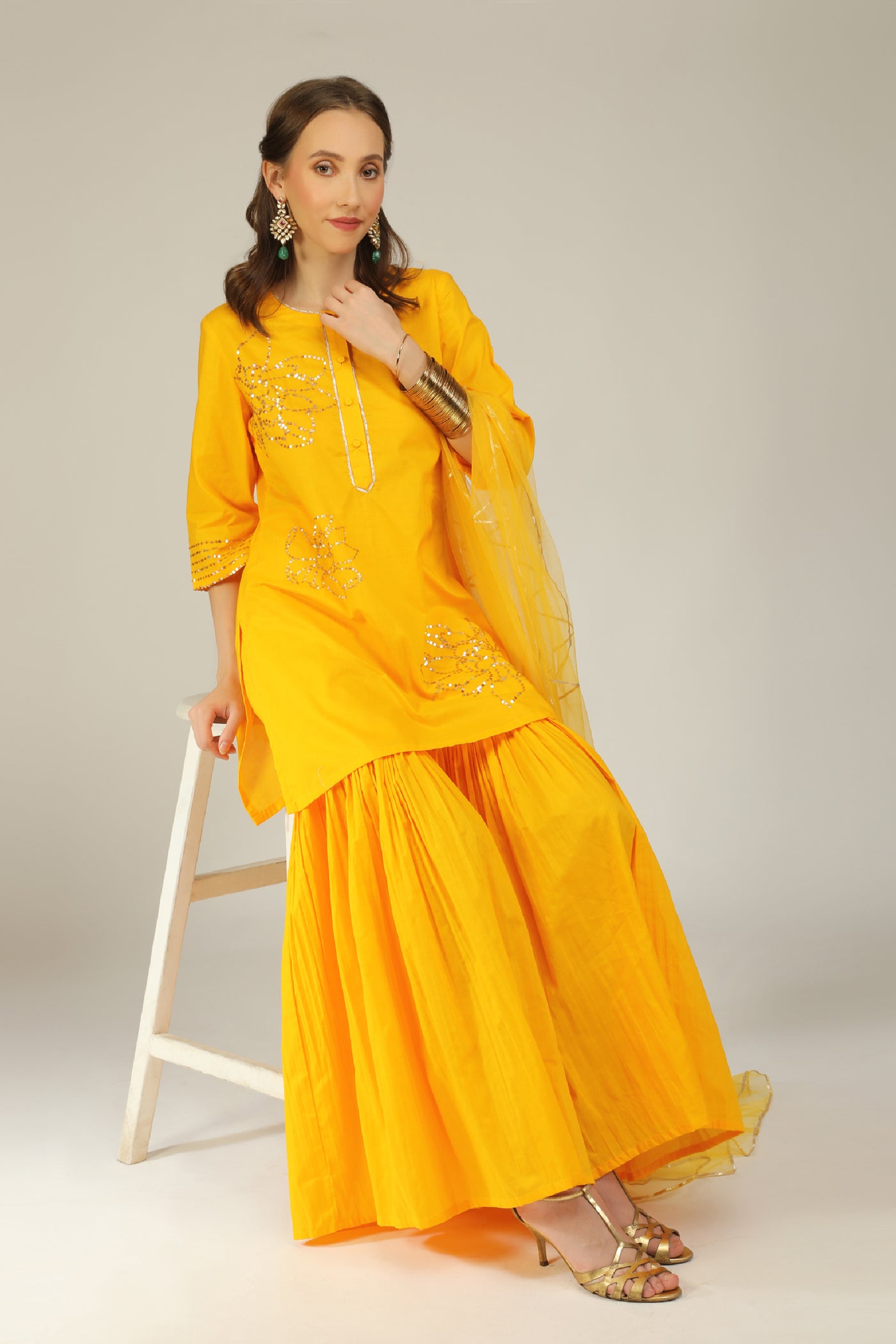 Aneehka Iro Yellow Cotton Kurta Sharara Set indian designer wear online shopping melange singapore