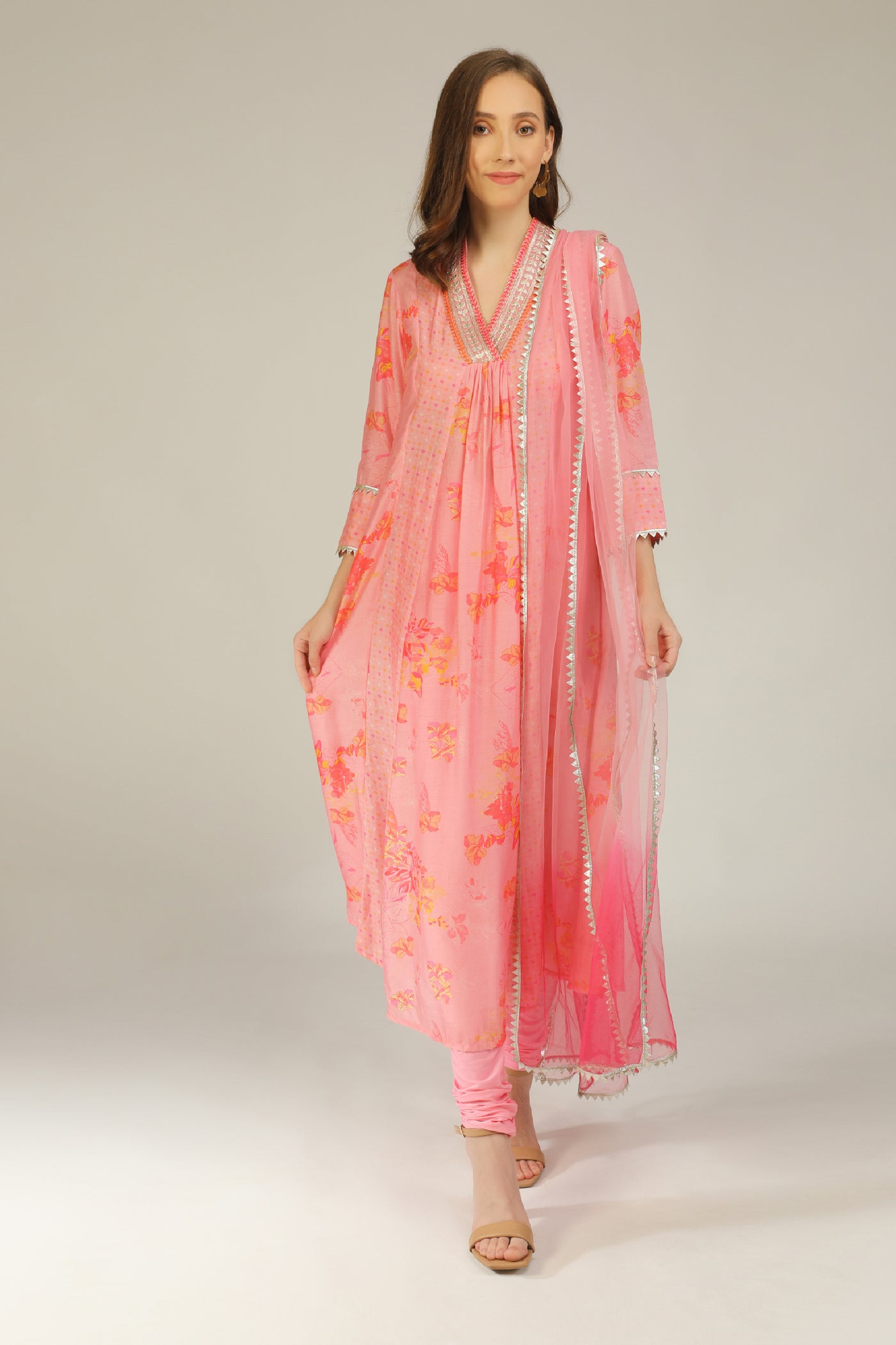 Aneehka Phooljhadi Pink Flare Kurta With Churidar Set indian designer wear online shopping melange singapore
