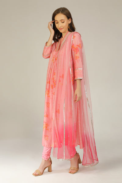 Aneehka Phooljhadi Pink Flare Kurta With Churidar Set indian designer wear online shopping melange singapore
