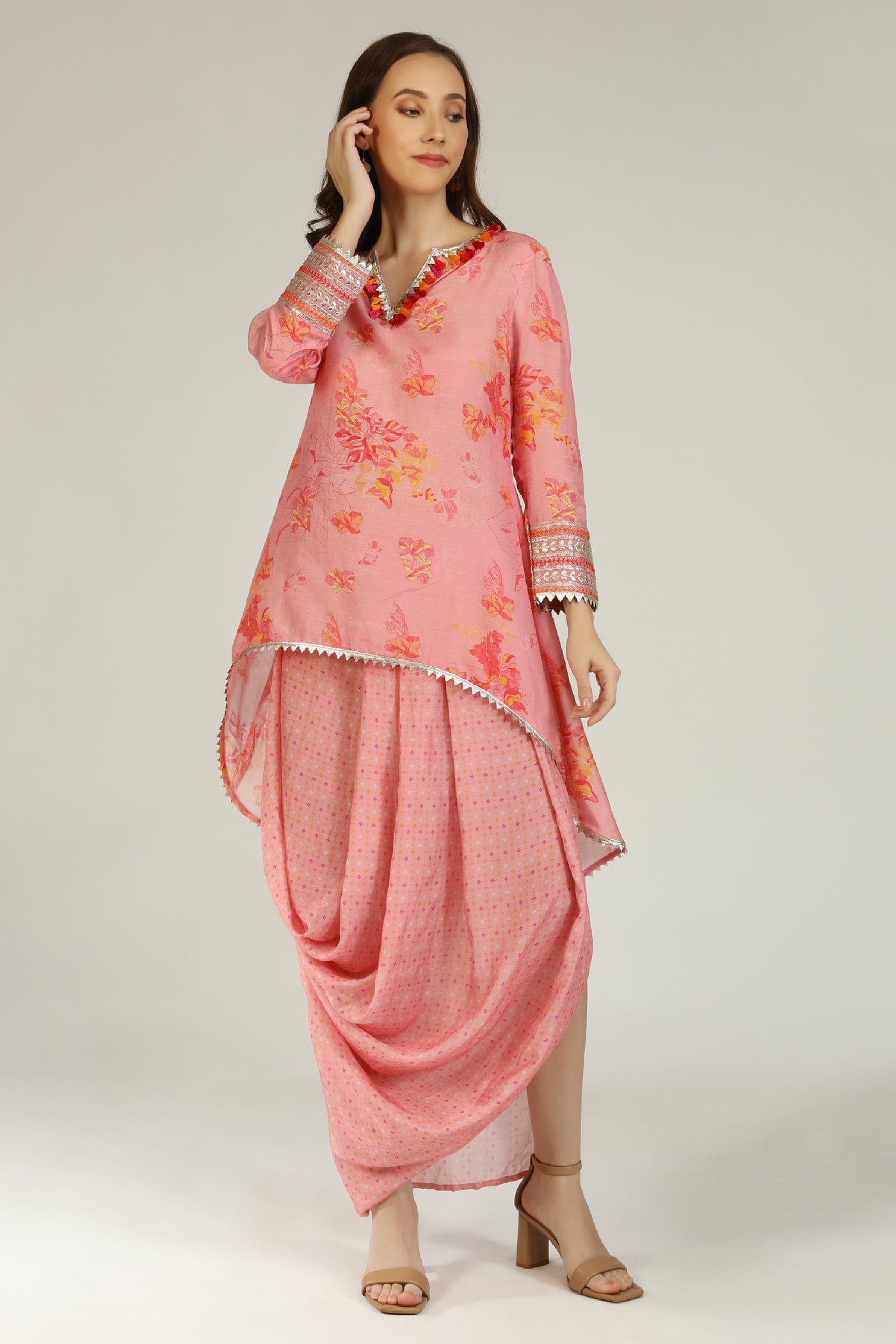 Aneehka Phooljhadi Pink High Low Hem Tunic With Drape Skirt indian designer wear online shopping melange singapore