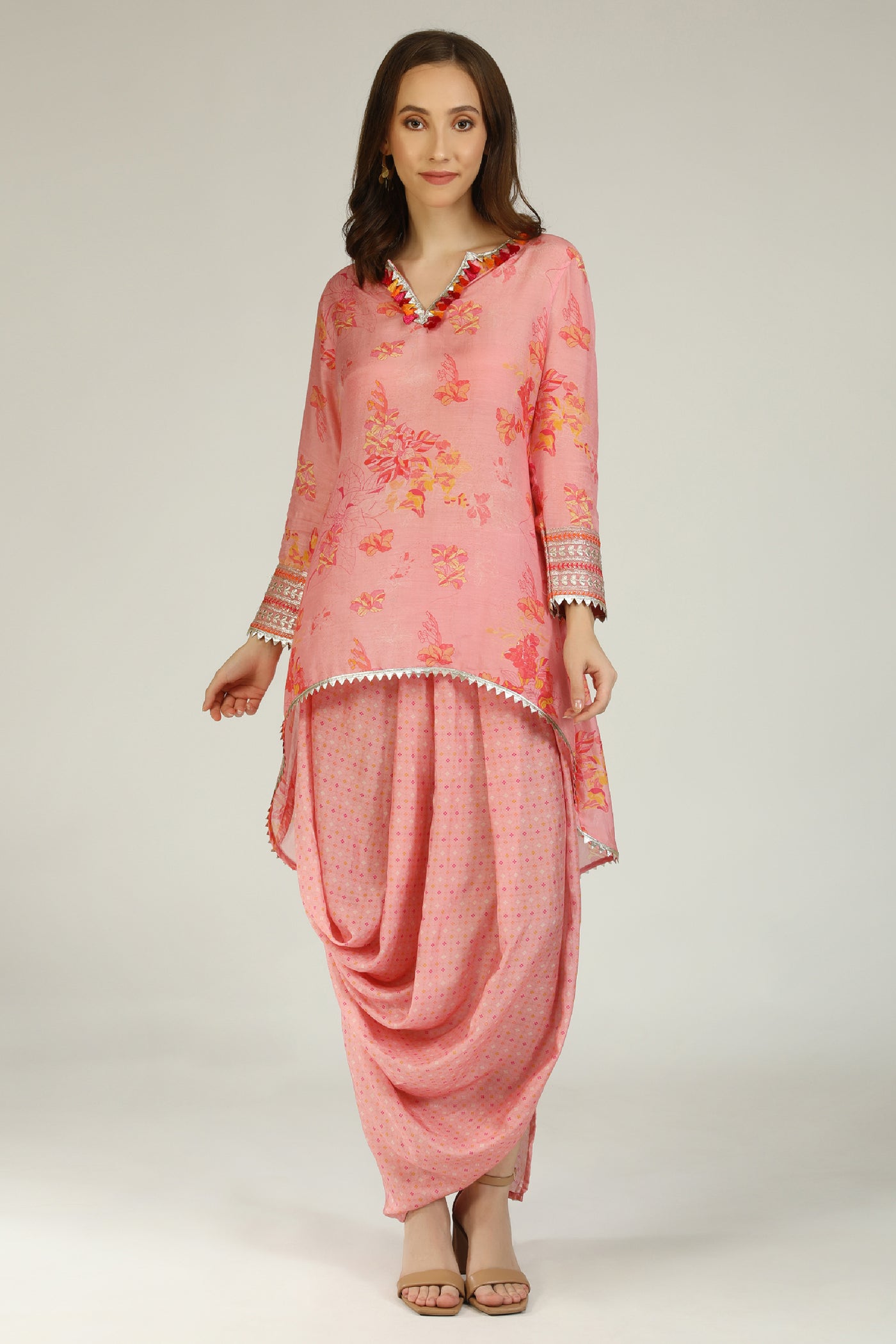 Aneehka Phooljhadi Pink High Low Hem Tunic With Drape Skirt indian designer wear online shopping melange singapore