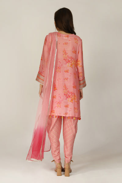Aneehka Phooljhadi Pink Kurta Tunic With Dhoti Pants Set indian designer wear online shopping melange singapore