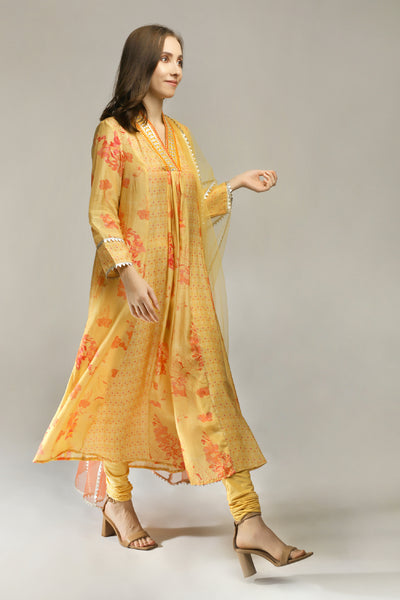 Aneehka Phooljhadi Yellow Flare Kurta With Churidar Set indian designer wear online shopping melange singapore