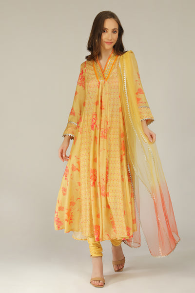Aneehka Phooljhadi Yellow Flare Kurta With Churidar Set indian designer wear online shopping melange singapore