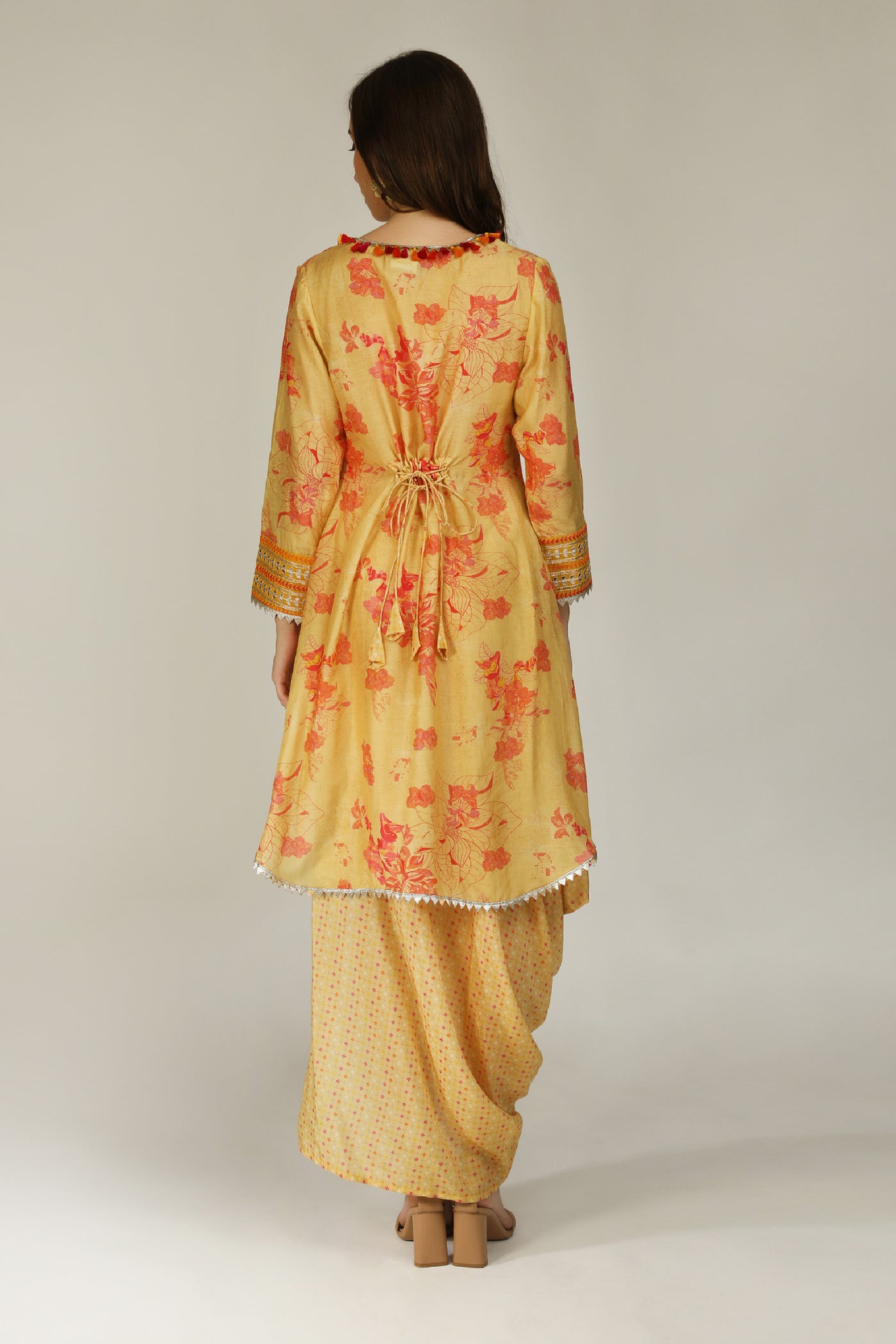Aneehka Phooljhadi Yellow High Low Hem Tunic With Drape Skirt indian designer wear online shopping melange singapore