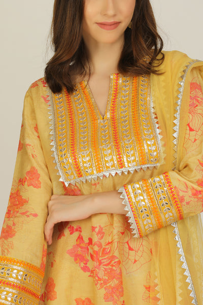 Aneehka Phooljhadi Yellow Kurta Tunic With Dhoti Pants Set indian designer wear online shopping melange singapore