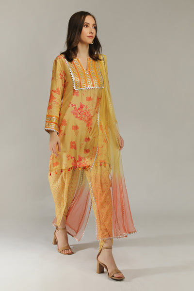 Aneehka Phooljhadi Yellow Kurta Tunic With Dhoti Pants Set indian designer wear online shopping melange singapore