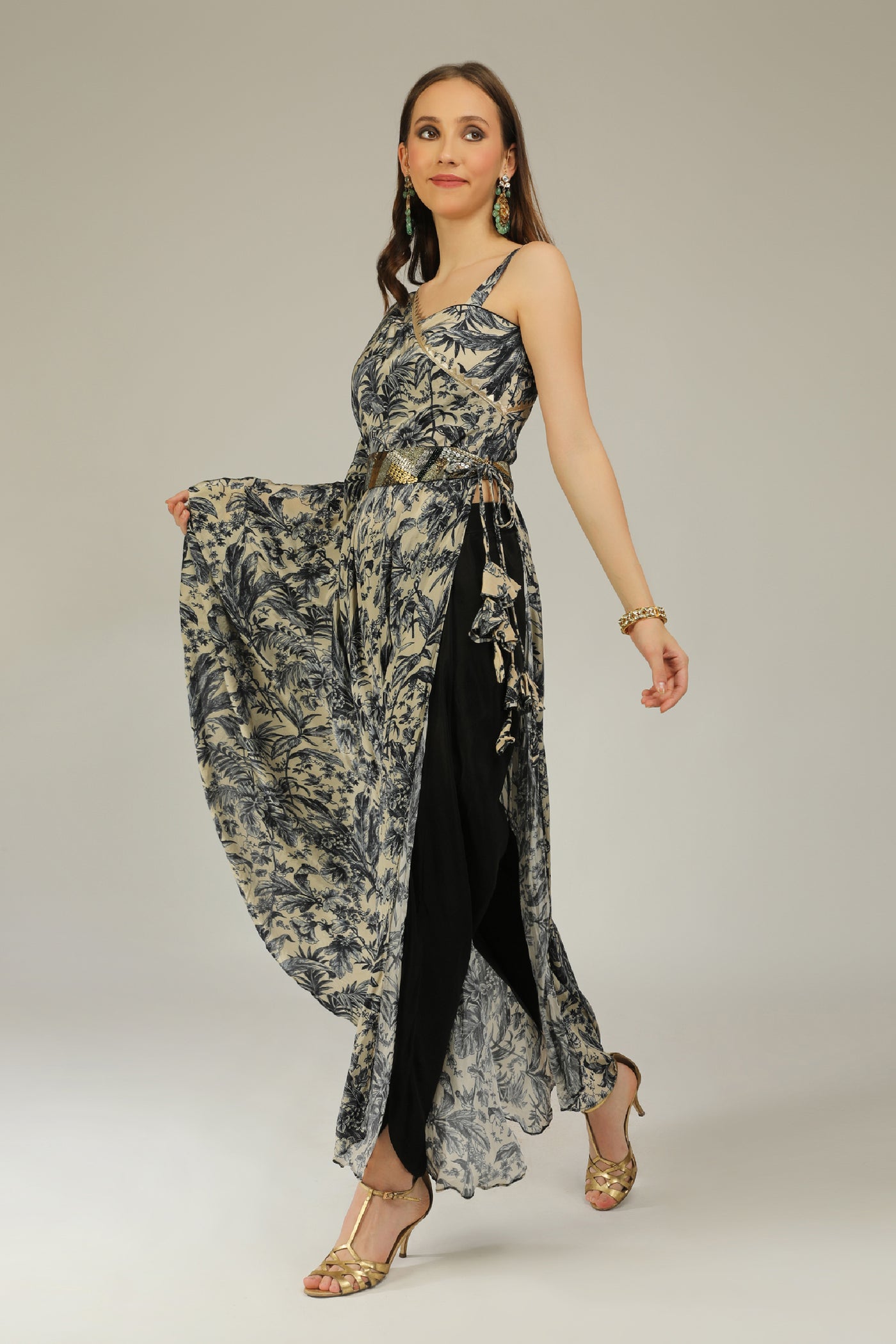 Aneehka Raya Black Fusion Digi Single Shoulder Cape Ensemble indian designer wear online shopping melange singapore