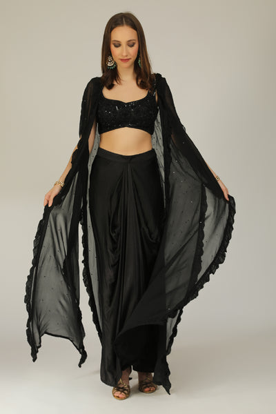 Aneehka Raya Black Fusion Drape Cape Ensemble tindian designer wear online shopping melange singapore