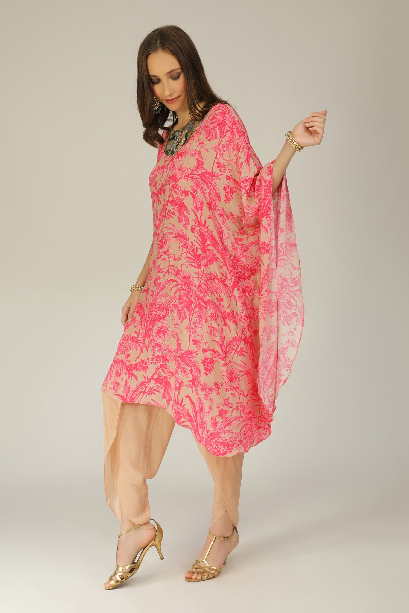 Aneehka Raya Pink Digi Half Kaftan Tunic With Dhoti Pants indian designer wear online shopping melange singapore