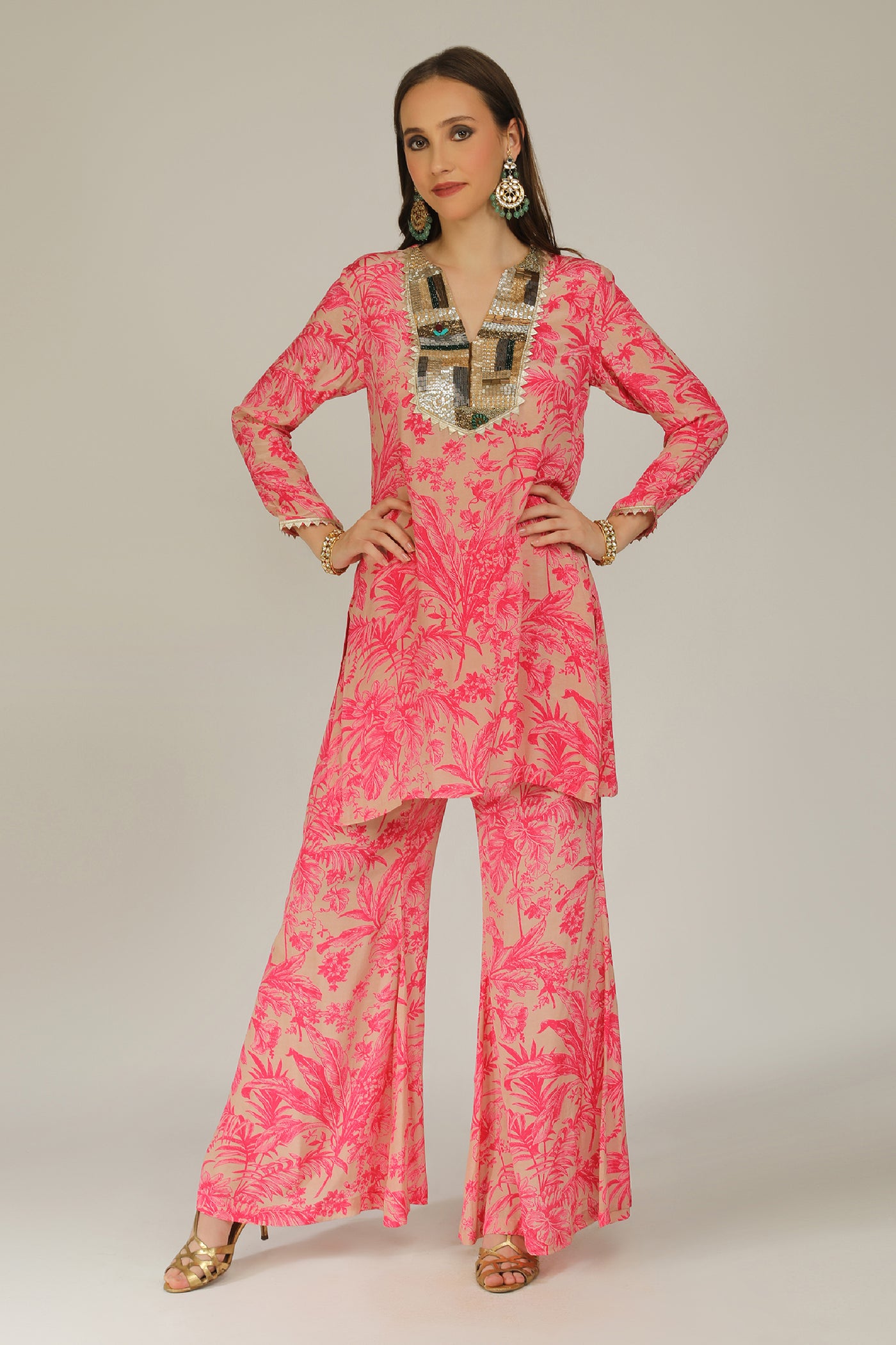 Aneehka Raya Pink Digi Tunic With Flare Pants indian designer wear online shopping melange singapore