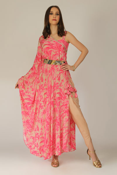 Aneehka Raya Pink Fusion Digi Single Shoulder Cape Ensemble indian designer wear online shopping melange singapore