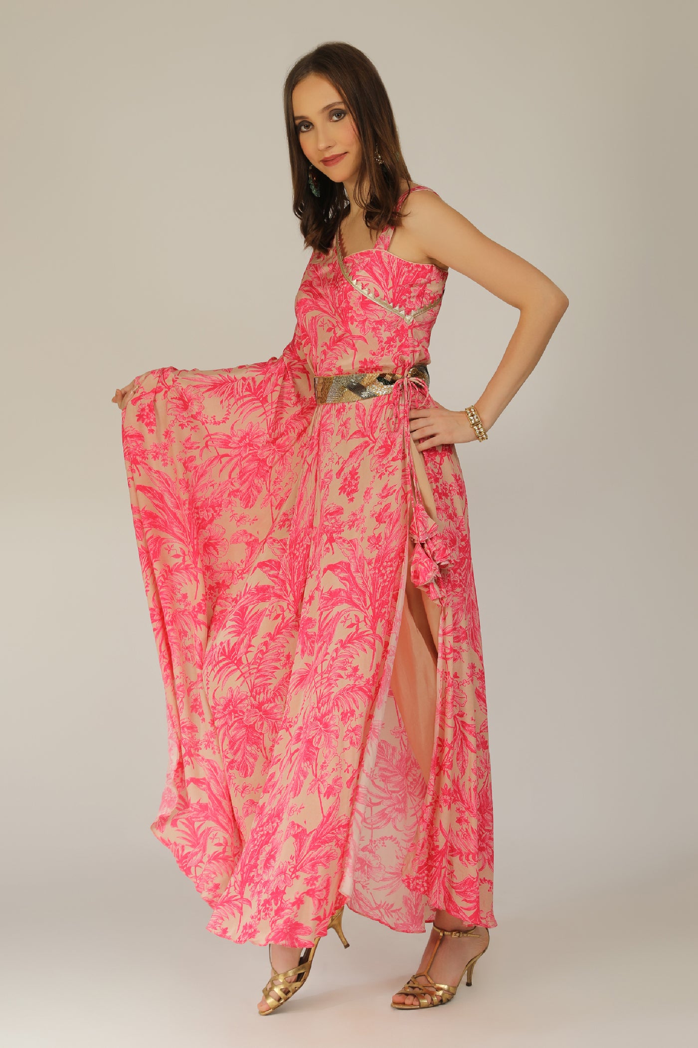 Aneehka Raya Pink Fusion Digi Single Shoulder Cape Ensemble indian designer wear online shopping melange singapore