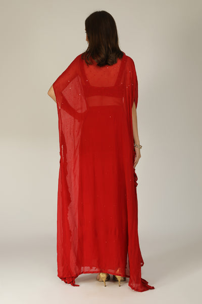 Aneehka Raya Red Fusion Drape Cape Ensemble indian designer wear online shopping melange singapore