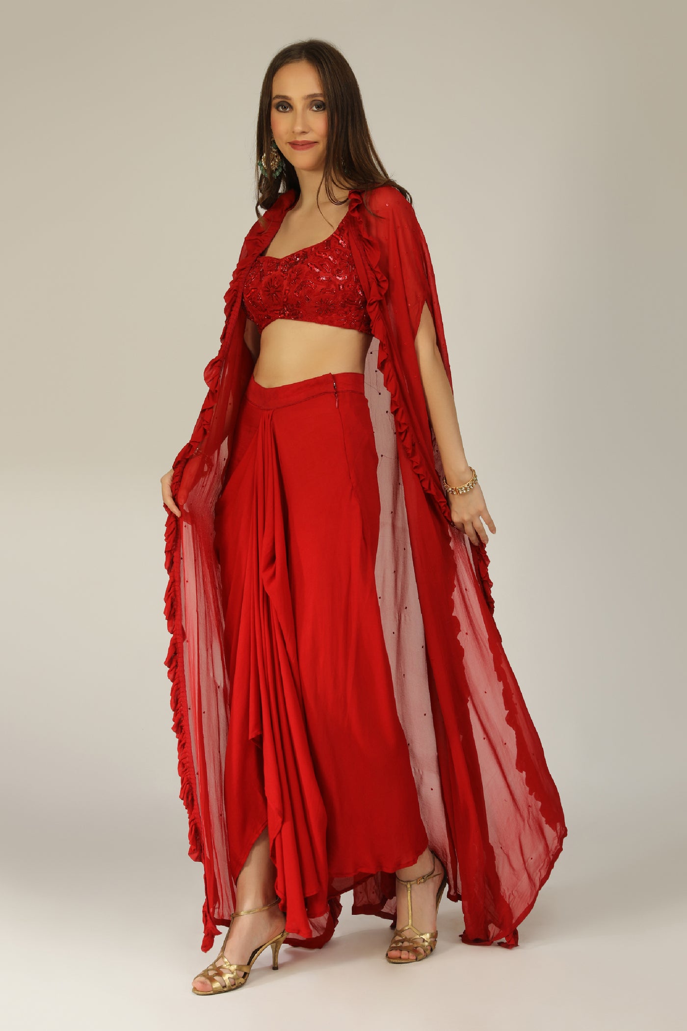 Aneehka Raya Red Fusion Drape Cape Ensemble indian designer wear online shopping melange singapore