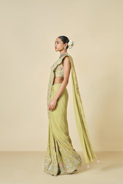 Anita Dongre Aadhvita Embroidered Georgette Saree Lime indian designer wear online shopping melange singapore