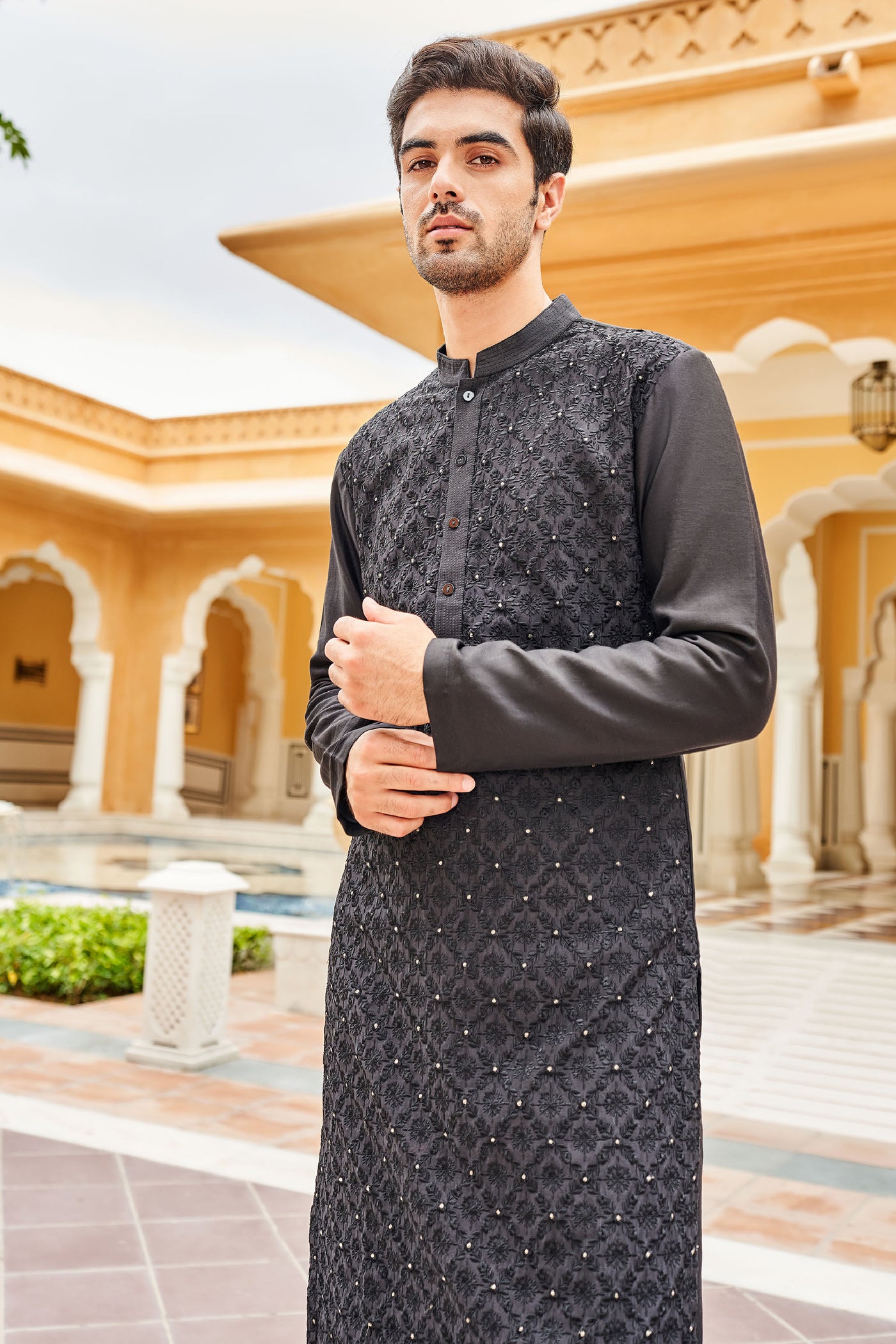 Anita Dongre Menswear Aavyan Kurta Black Indian designer wear online shopping melange singapore