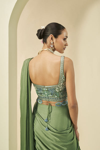 Anita Dongre Aelfdene Embroidered Pre-draped Chiffon Saree Green indian designer wear online shopping melange singapore