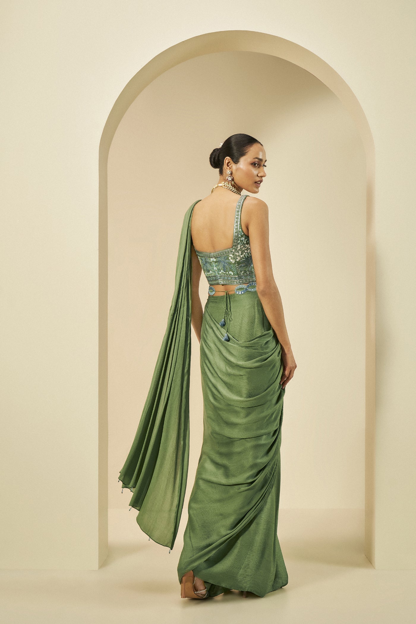 Anita Dongre Aelfdene Embroidered Pre-draped Chiffon Saree Green indian designer wear online shopping melange singapore