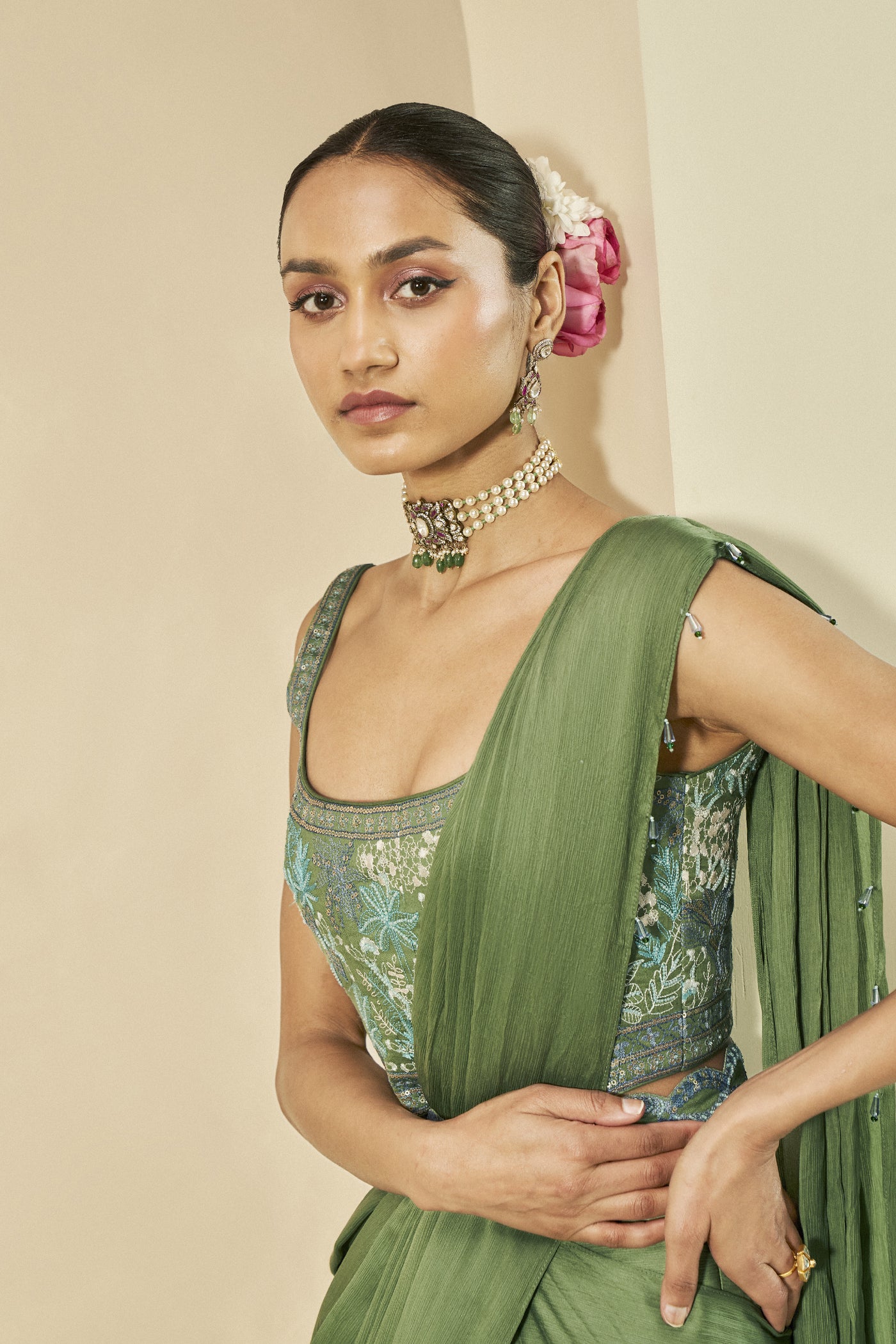 Anita Dongre Aelfdene Embroidered Pre-draped Chiffon Saree Green indian designer wear online shopping melange singapore