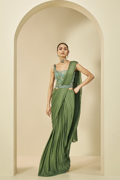 Anita Dongre Aelfdene Embroidered Pre-draped Chiffon Saree Green indian designer wear online shopping melange singapore