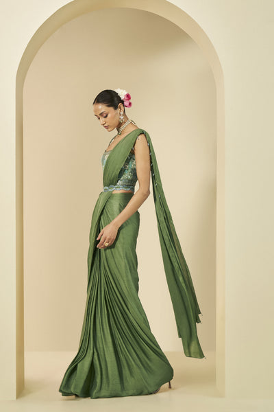 Anita Dongre Aelfdene Embroidered Pre-draped Chiffon Saree Green indian designer wear online shopping melange singapore