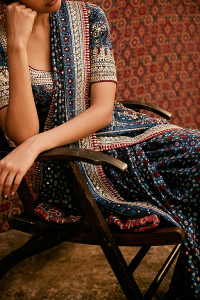 Anita Dongre Akari Ajrakh Hand-block Printed Silk Saree Blue indian designer wear online shopping melange singapore