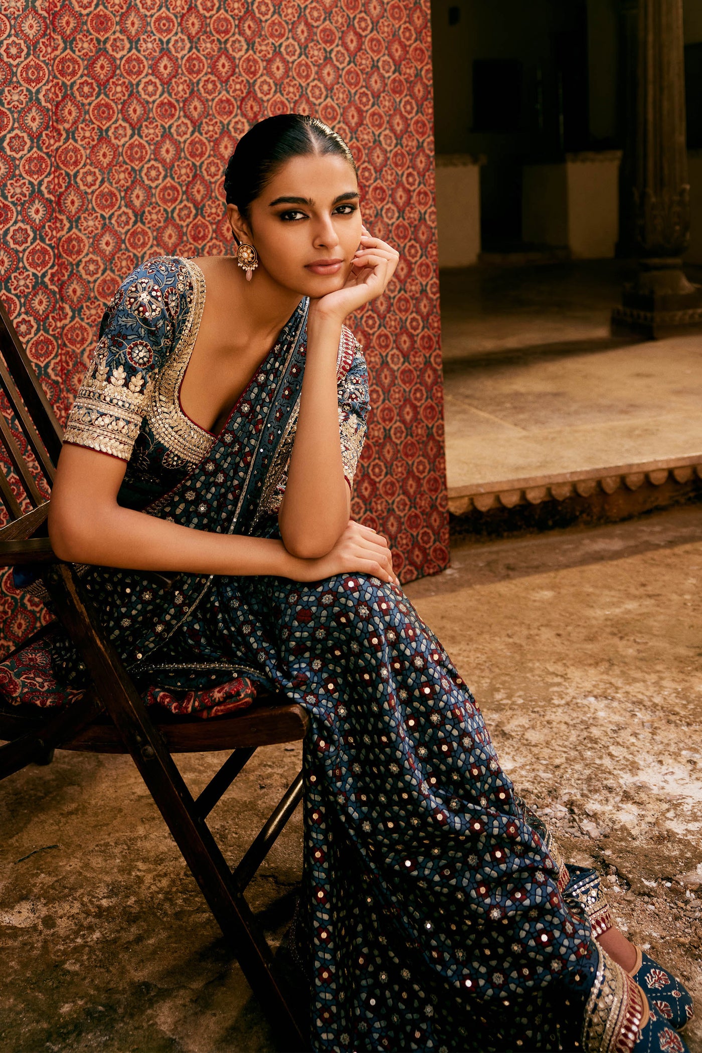 Anita Dongre Akari Ajrakh Hand-block Printed Silk Saree Blue indian designer wear online shopping melange singapore