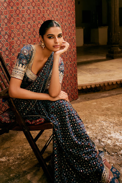 Anita Dongre Akari Ajrakh Hand-block Printed Silk Saree Blue indian designer wear online shopping melange singapore