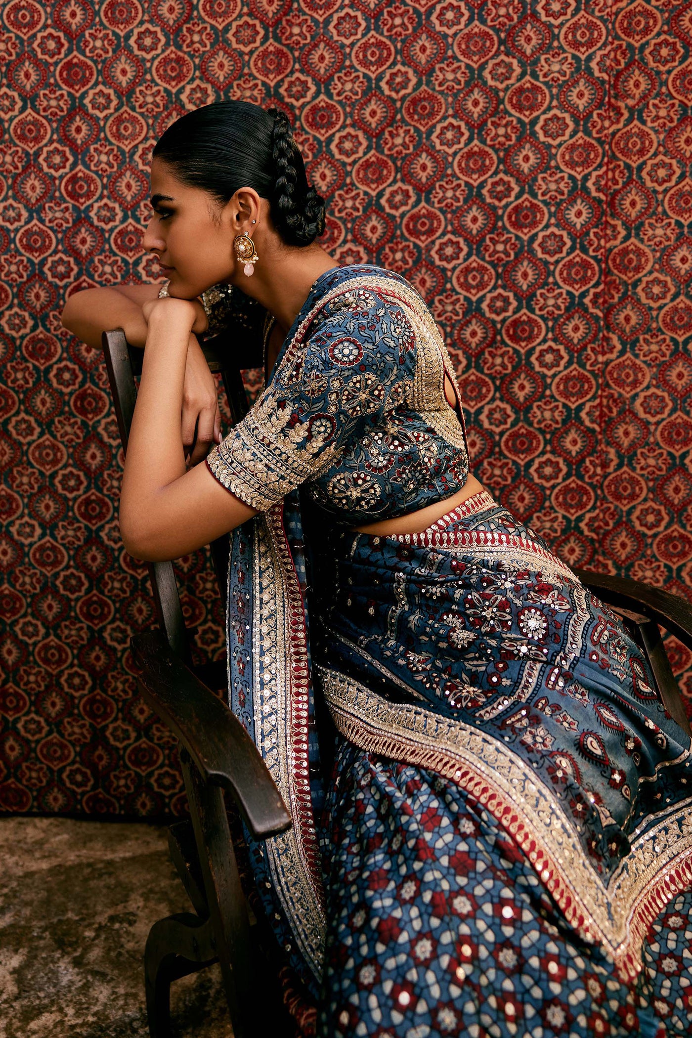 Anita Dongre Akari Ajrakh Hand-block Printed Silk Saree Blue indian designer wear online shopping melange singapore