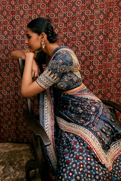 Anita Dongre Akari Ajrakh Hand-block Printed Silk Saree Blue indian designer wear online shopping melange singapore