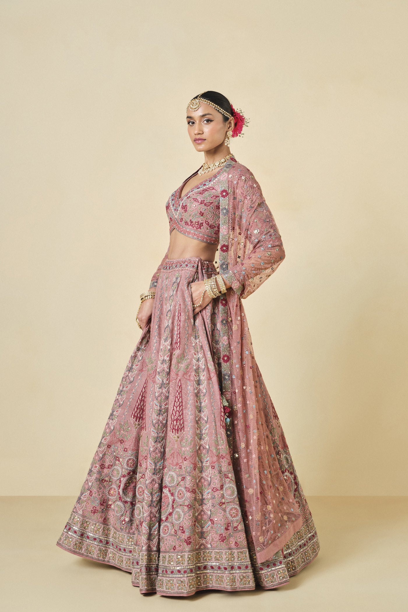 Anita Dongre Alakana Sewa Hand-embroidered Silk Lehenga Set Old Rose indian designer wear online shopping melange singapore