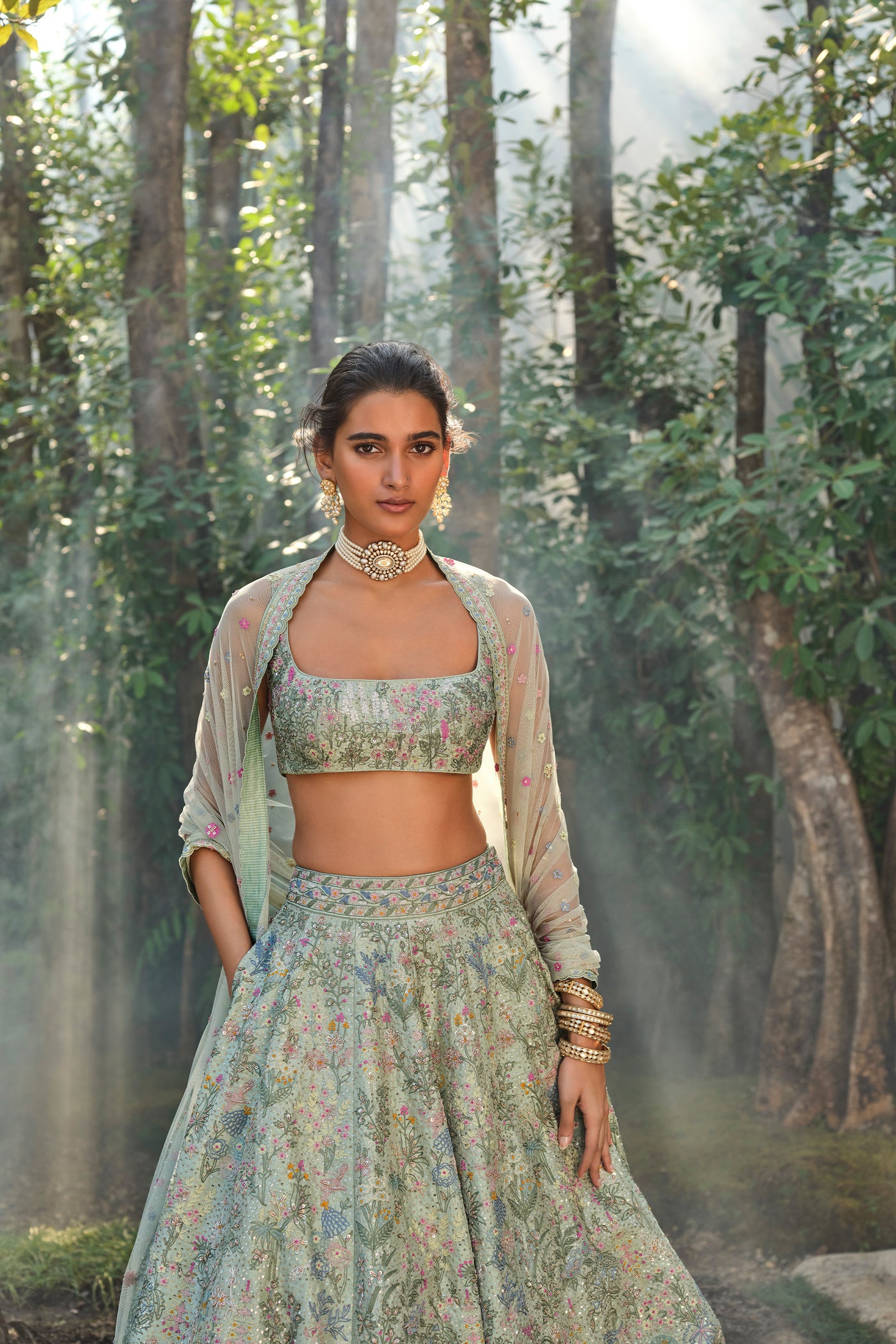 Anita Dongre Alazani Embroidered Silk Lehenga Set Sage indian designer wear online shopping melange singapore