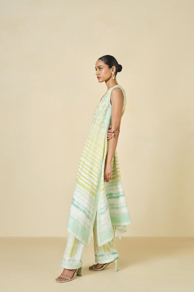 Anita Dongre Anapos Asymmetrical Printed Hemp Kurta Set Lime indian designer wear online shopping melange singapore
